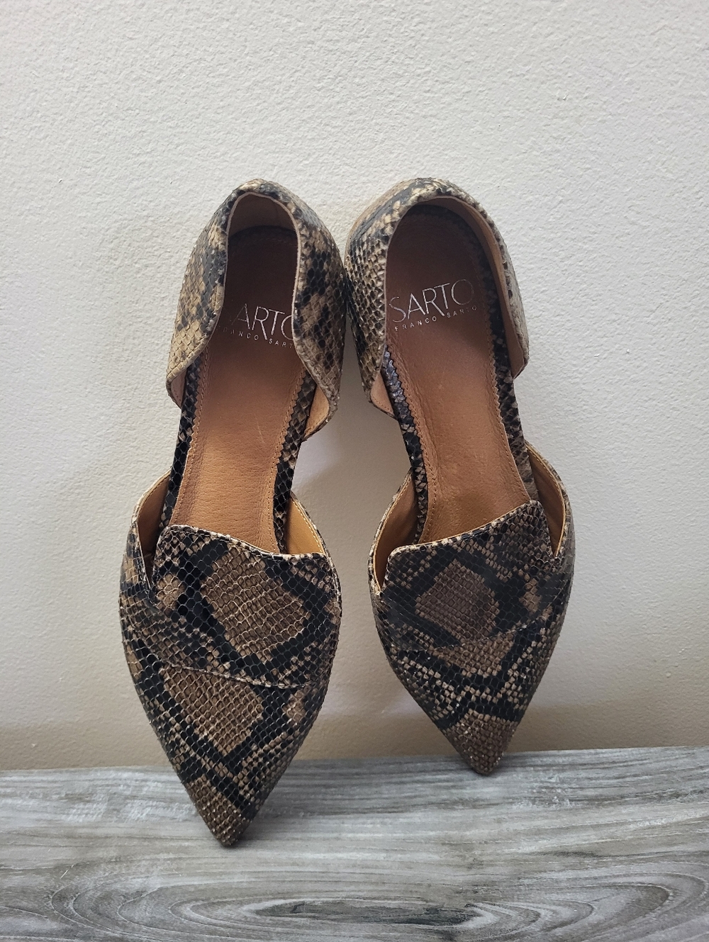 Franco Sarto Toby Pointed D'Orsay Flat  Brown Leather Snake Print Size 8.5 - Picture 3 of 10